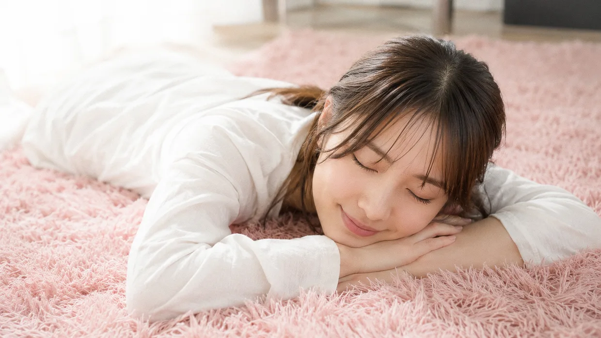 クリーニング後のラグの上でくつろぐ女性